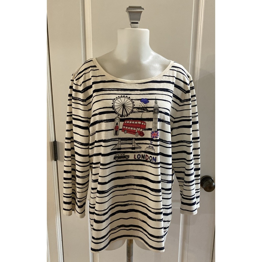 Talbots T-Shirt Tee Blue White Size XL Cotton Striped London Eye Red Bus
